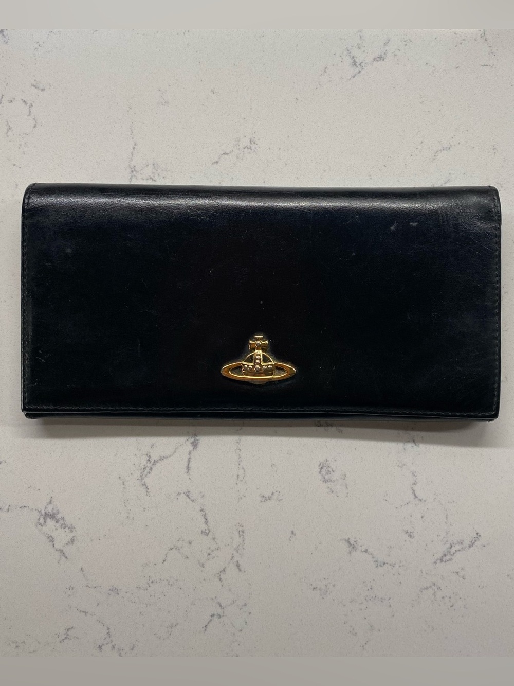 Vivienne Westwood Black Leather Continental Wallet with Gold Orb Emblem